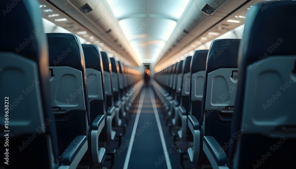 Obraz premium Interior of airplane with empty seats and aisle. Travel concept.