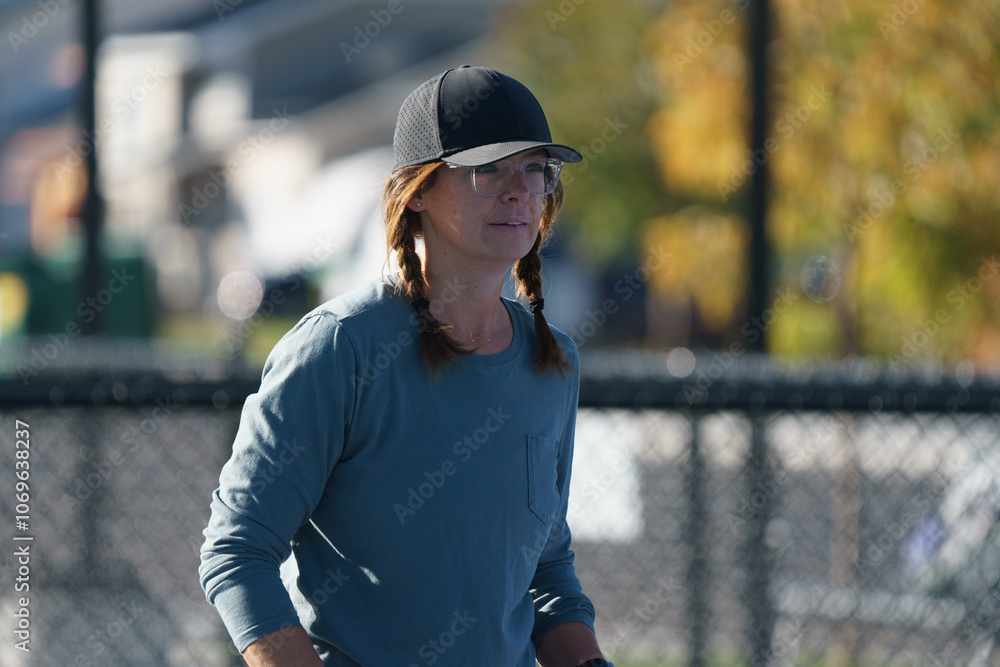 woman playing pickle ball with black paddle on outdoor pickleball courts woman playing pickle ball with black paddle on outdoor pickleball courts