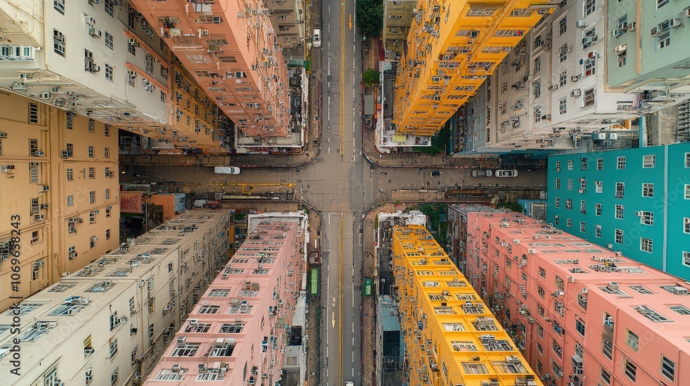Fototapeta premium Aerial View of Colorful Buildings in Hong Kong Cityscape