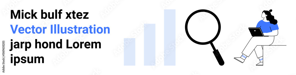 Text, bar graph, magnifying glass, woman using a laptop on bench. Ideal for business research, analytics, data analysis, market research, learning, digital marketing, and productivity. Landing page Text, bar graph, magnifying glass, woman using a laptop on bench. Ideal for business research, analytics, data analysis, market research, learning, digital marketing, and productivity. Landing page
