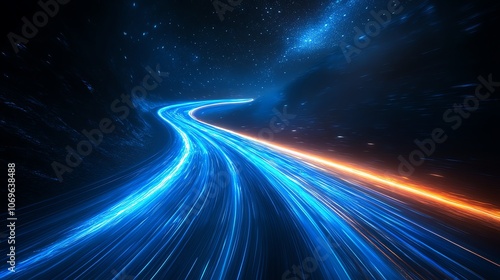 Abstract blue and orange light trails streak across a dark background, resembling a highway at night.