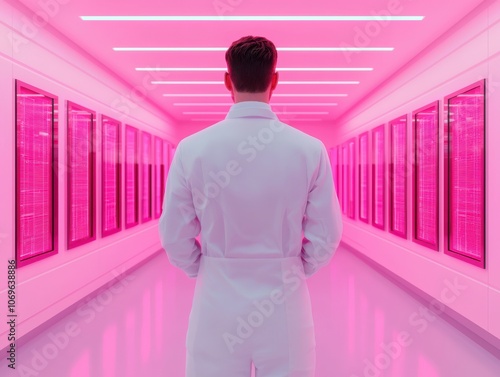 Scientist in vibrant lab, modern hallway photo