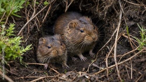 Adventurous Water Vole Family by the Streamside