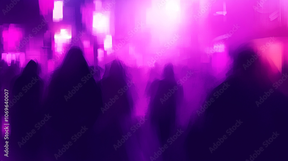 Mysterious silhouettes of people blend into vibrant purple background, creating an abstract representation of crowd. scene evokes sense of intrigue and anonymity Mysterious silhouettes of people blend into vibrant purple background, creating an abstract representation of crowd. scene evokes sense of intrigue and anonymity