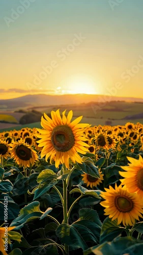 Sunflower field at sunset, warm glow. Nature and tranquility concept