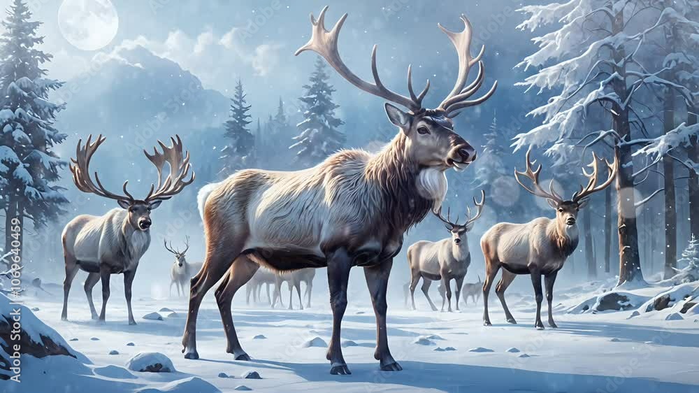Group of majestic deer standing in snowy winter forest with moonlit trees. Wildlife winter concept Seamless looping 4k time-lapse animation video background Group of majestic deer standing in snowy winter forest with moonlit trees. Wildlife winter concept Seamless looping 4k time-lapse animation video background