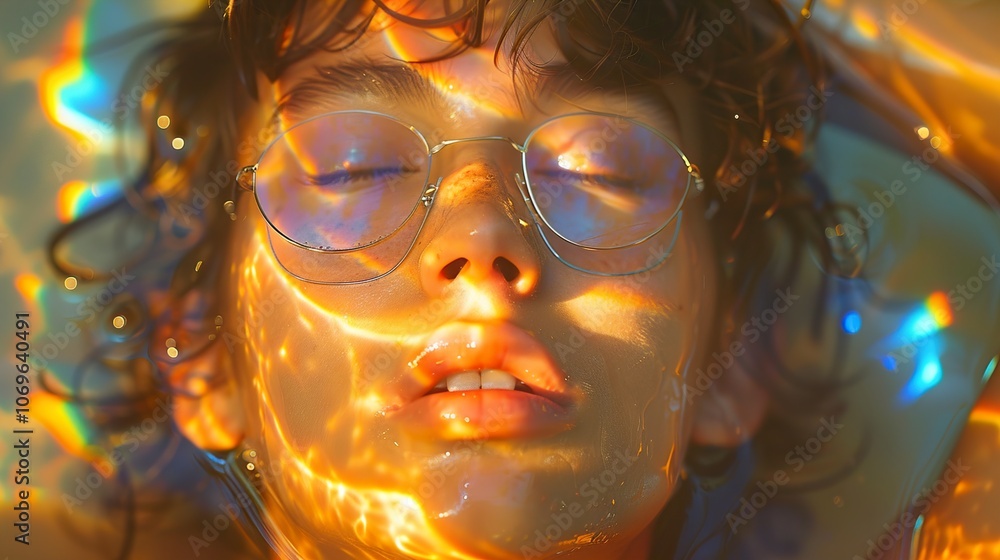 Close-up Portrait of a Person with Eyes Closed Under Water with Iridescent Light Close-up Portrait of a Person with Eyes Closed Under Water with Iridescent Light