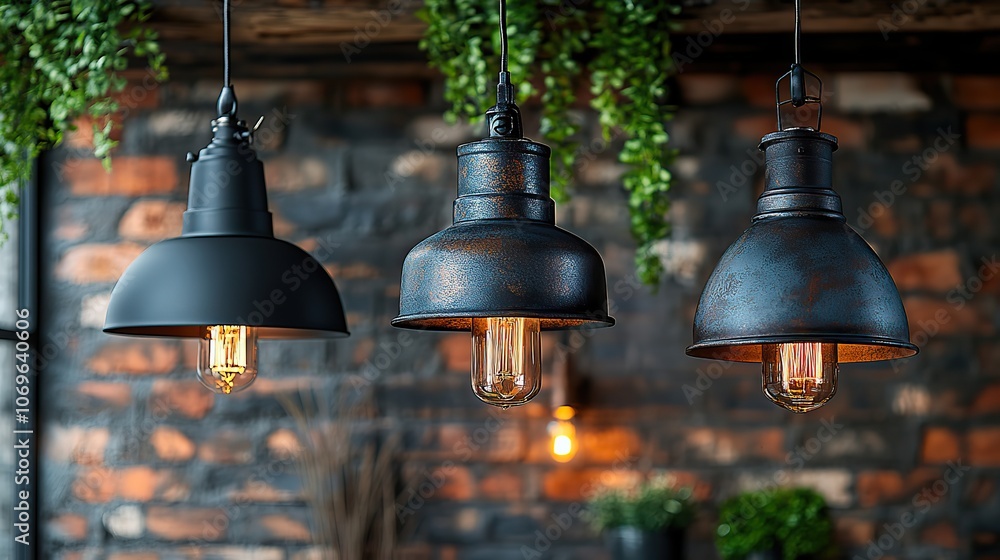 Obraz premium Metal pendant lamps in black of various shapes hang from the ceiling, adding a touch of industrial design to the interior.