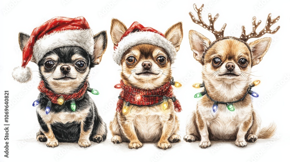 Three Chihuahuas sitting symmetrically in a row on a white background, each wearing festive accessories Three Chihuahuas sitting symmetrically in a row on a white background, each wearing festive accessories