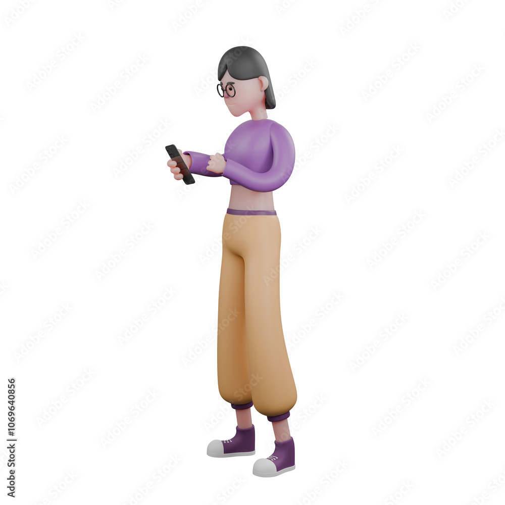 3D Cartoon Character Dancer. a female dancer is standing facing right while playing with her phone. Performance Animation 3D Cartoon Character Dancer. a female dancer is standing facing right while playing with her phone. Performance Animation