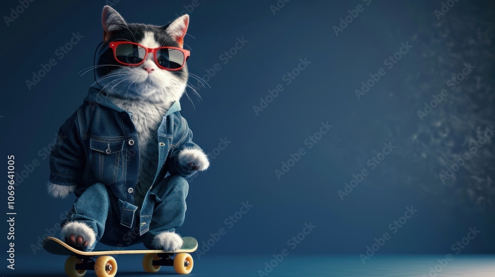 Naklejka premium Trendy cat wearing sunglasses and skateboarding on dark blue background, AI generated image