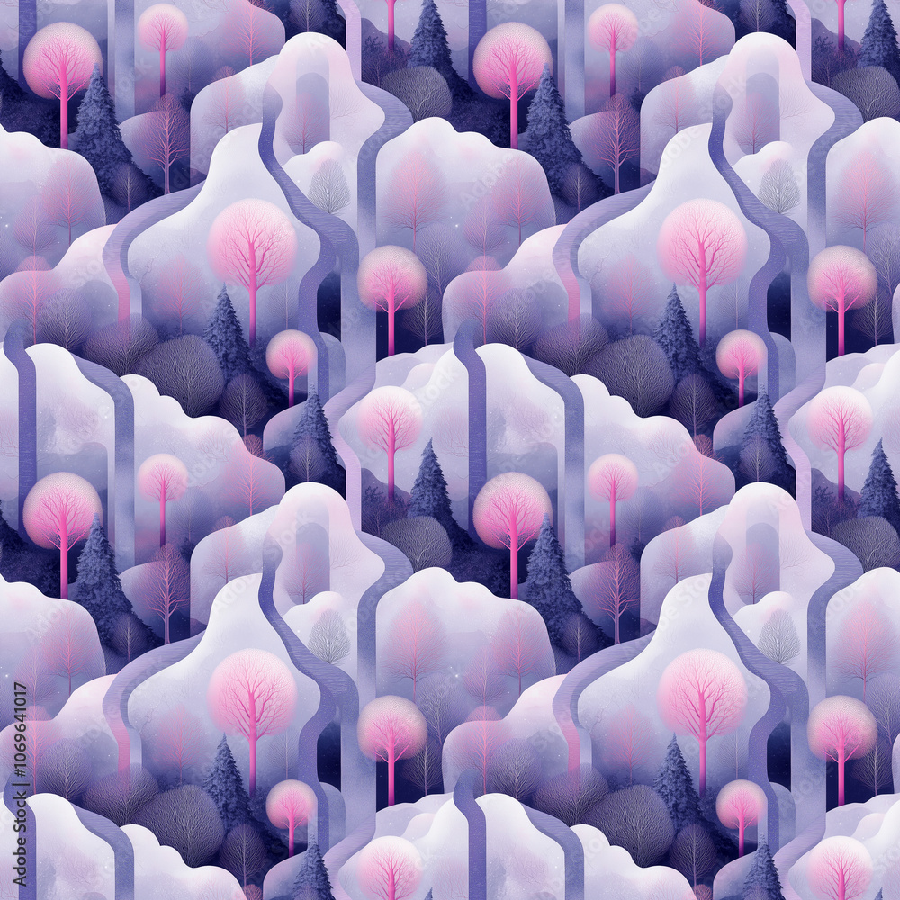Obraz premium Seamless Pattern with Stylized Trees and Flowing Rivers