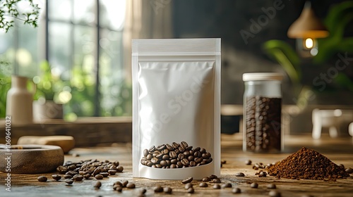 Mockup of a white coffee bag with a degassing valve, ideal for loose tea or coffee packaging design presentations. photo