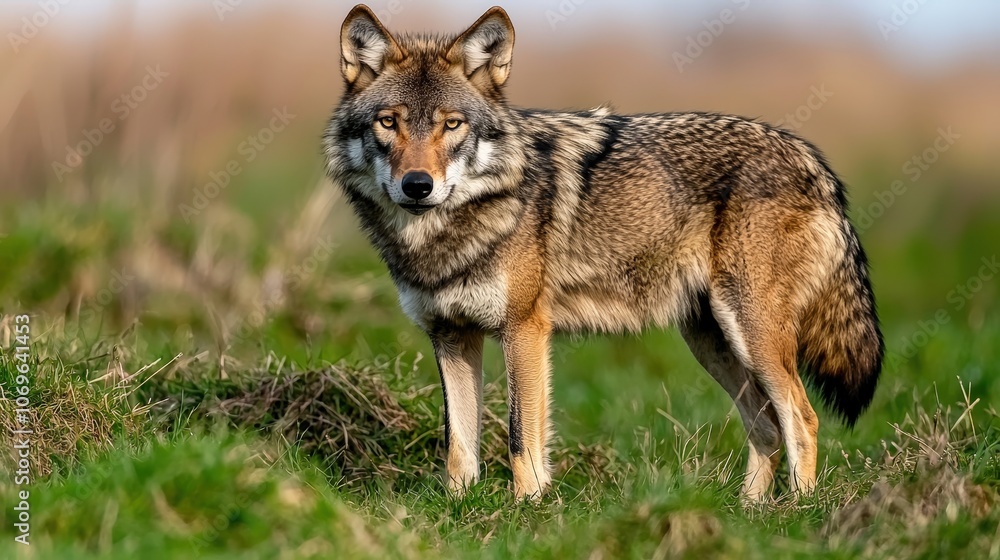 Majestic Wolf Standing in Green Grass Wildlife Photography Nature Animal Portrait Majestic Wolf Standing in Green Grass Wildlife Photography Nature Animal Portrait