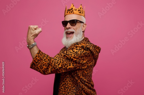 Photo of cool old man winning raise fist wear glamour leopard print outfit isolated pink color background