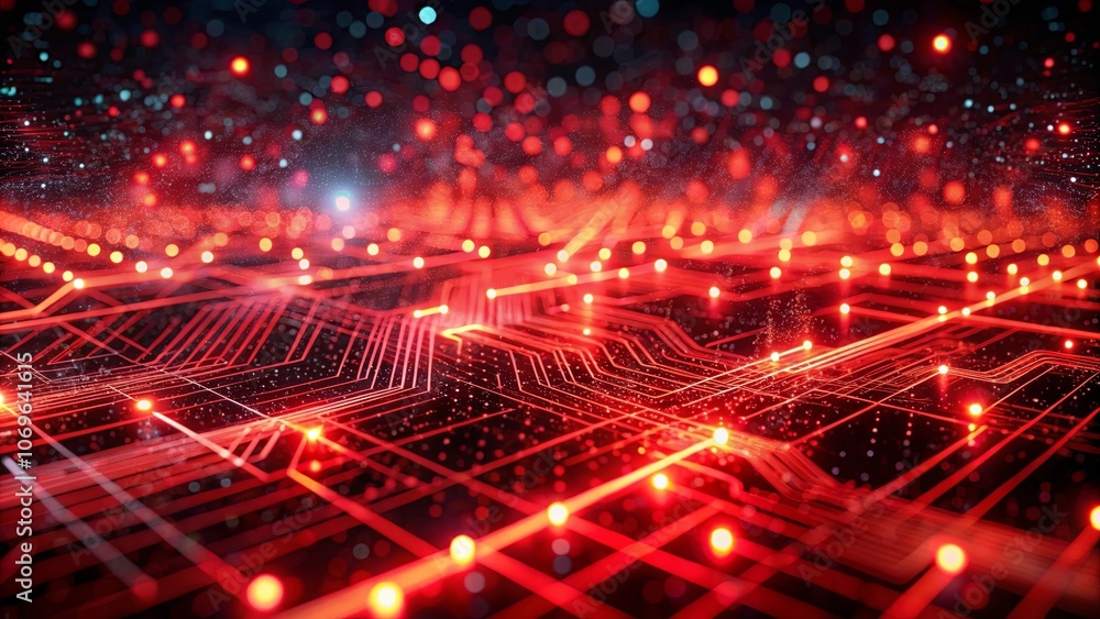 Fototapeta premium Interconnected Red Lines and Glowing Points on a Dark Background, Representing a Complex Network of Connections