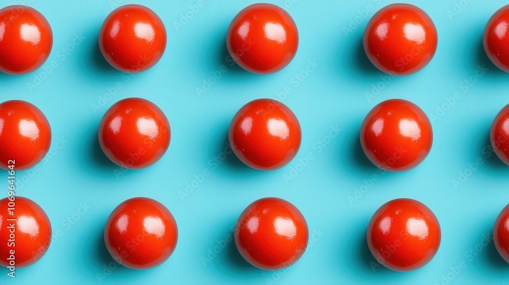 Red Spheres Pattern on Blue Background Minimalist Food Photography Red Spheres Pattern on Blue Background Minimalist Food Photography