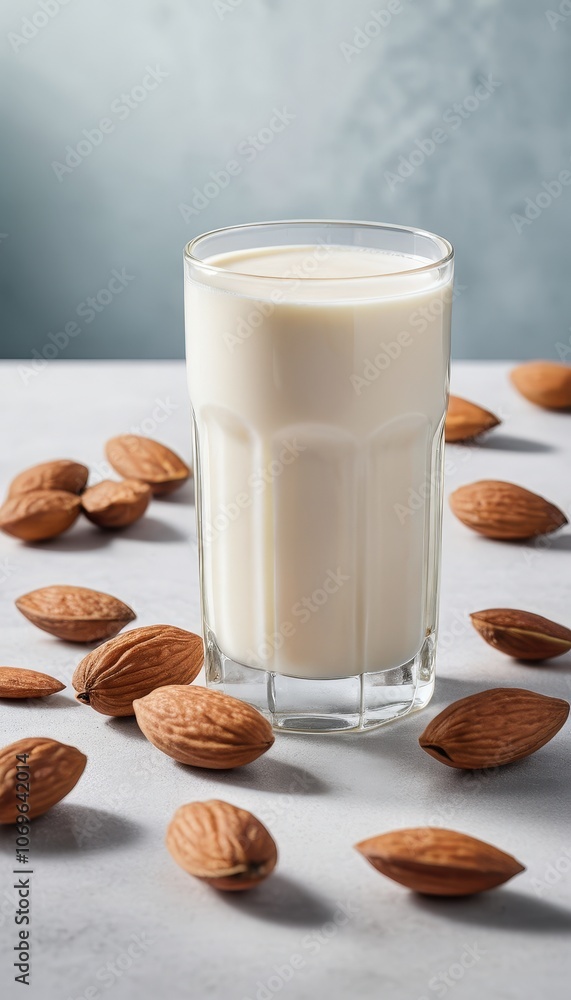 Glass of Almond Milk with Almonds on White Surface