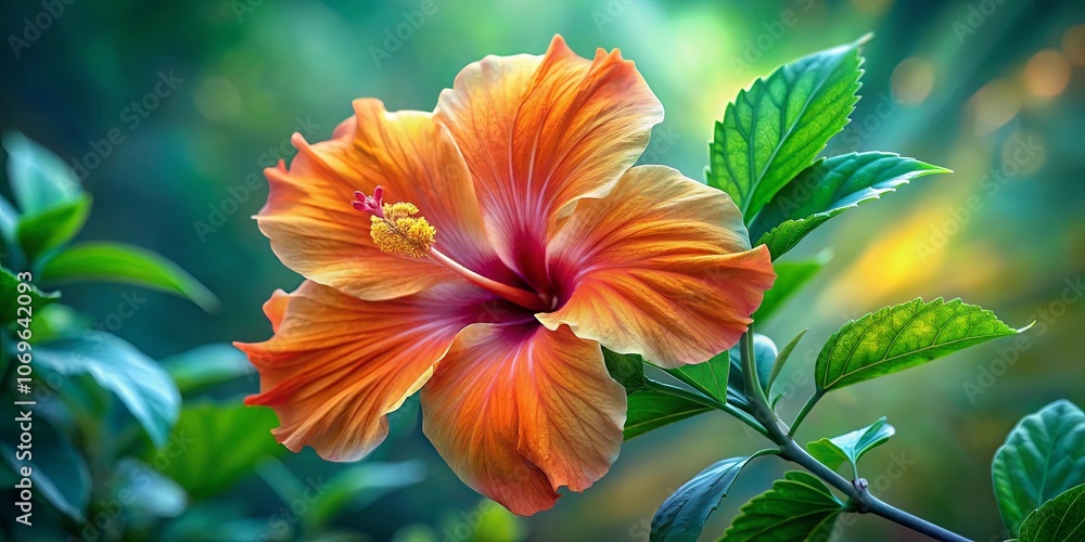 Fototapeta premium A single orange hibiscus flower blooms gracefully against a backdrop of lush green foliage, bathed in soft, natural light.