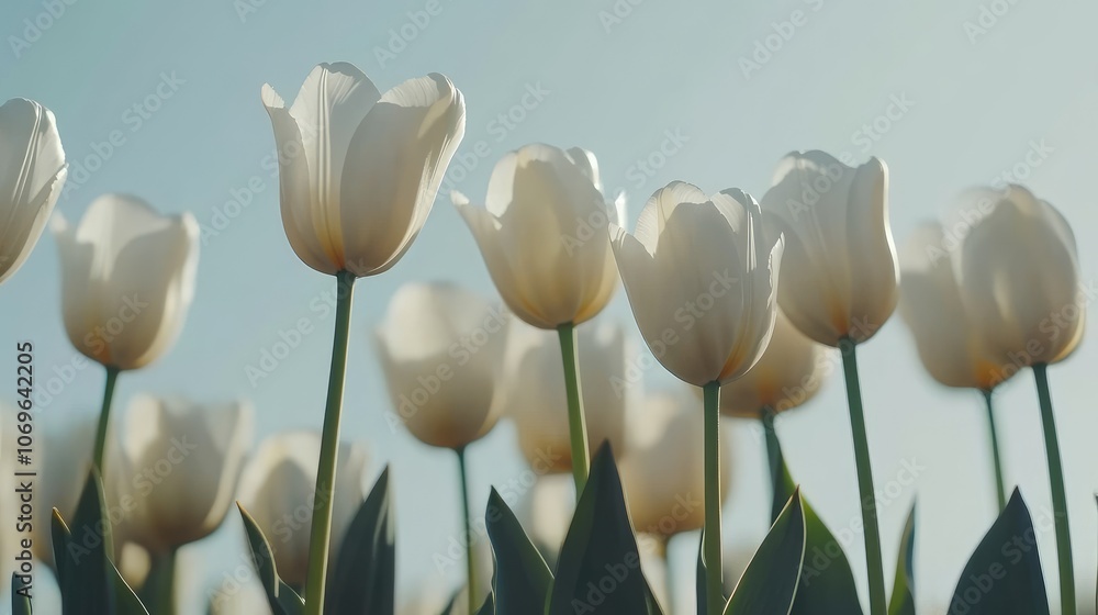Obraz premium Serene White Tulips in Sunlit Field - A Tranquil Springtime Bloom Scene