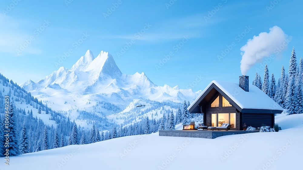 Fototapeta premium Snowy Mountain Cabin with Fire Pit and View