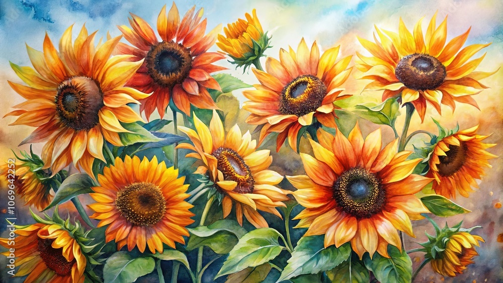 A Watercolor Still Life Depicting a Collection of Sunflowers in Full Bloom Against a Soft, Whimsical Sky A Watercolor Still Life Depicting a Collection of Sunflowers in Full Bloom Against a Soft, Whimsical Sky