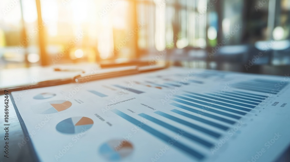 Close-Up of Financial Graphs and Charts on a Sunlit Desk in Modern Office Close-Up of Financial Graphs and Charts on a Sunlit Desk in Modern Office