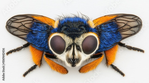 Vibrant Blue and Orange Tachinid Fly Close-Up on White Background photo