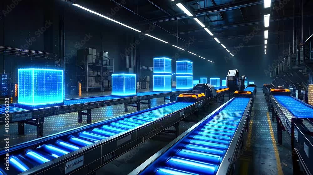 A warehouse with blue glowing boxes moving on a conveyor belt. A warehouse with blue glowing boxes moving on a conveyor belt.