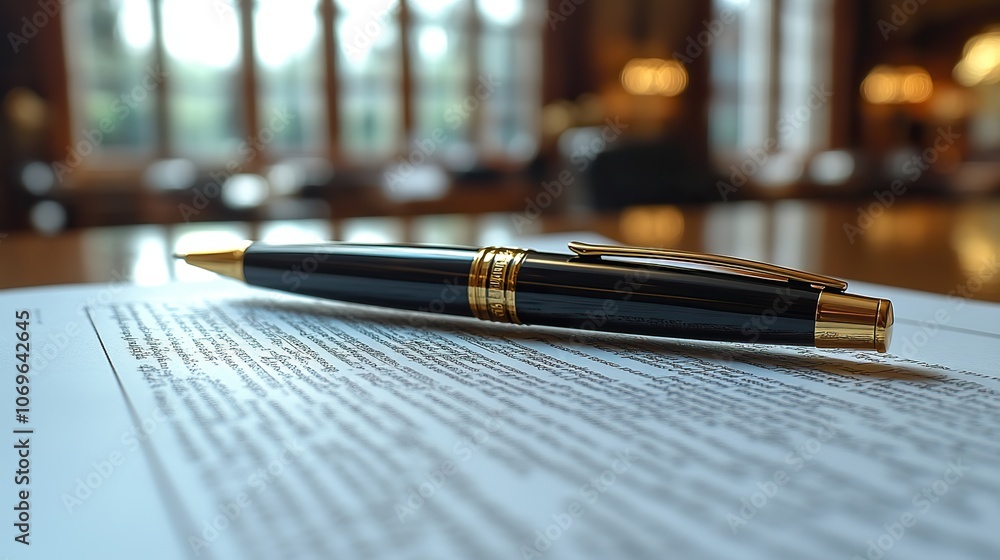 Notary pen resting on a testament with essential notarial accessories, ready for official proceedings. Notary pen resting on a testament with essential notarial accessories, ready for official proceedings.