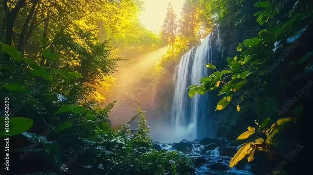 Tranquil Forest Waterfall with Sunlit Mist and Lush Greenery Landscape Tranquil Forest Waterfall with Sunlit Mist and Lush Greenery Landscape