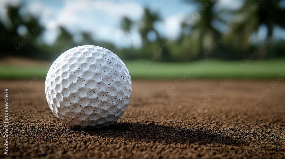 Golf Ball on Sand Trap with Green and Palm Trees Background Golf Ball on Sand Trap with Green and Palm Trees Background
