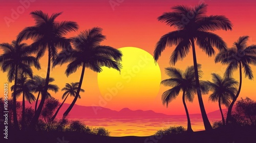 A vibrant sunset over a tranquil beach with silhouetted palm trees.