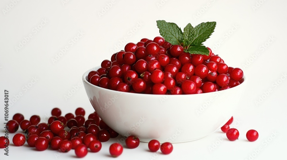 Fresh Red Cranberries in White Bowl with Mint Garnish on White Background Fresh Red Cranberries in White Bowl with Mint Garnish on White Background