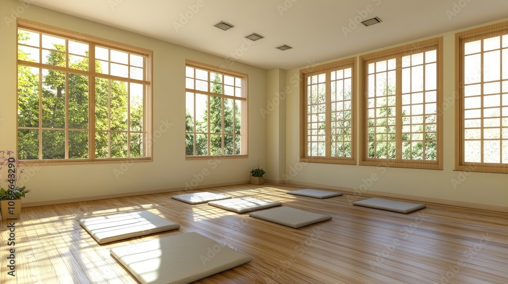 Fototapeta premium Tranquil Empty Yoga Room with Cushions and Sunlit Panoramic Windows