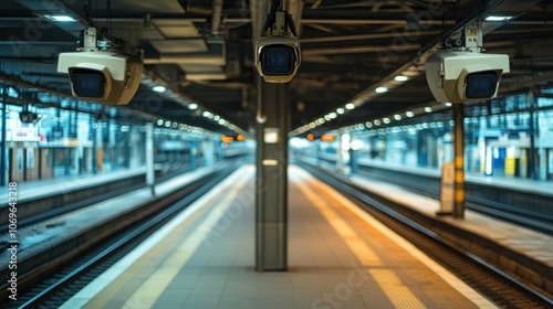 A train station platform with surveillance cameras and illuminated tracks.