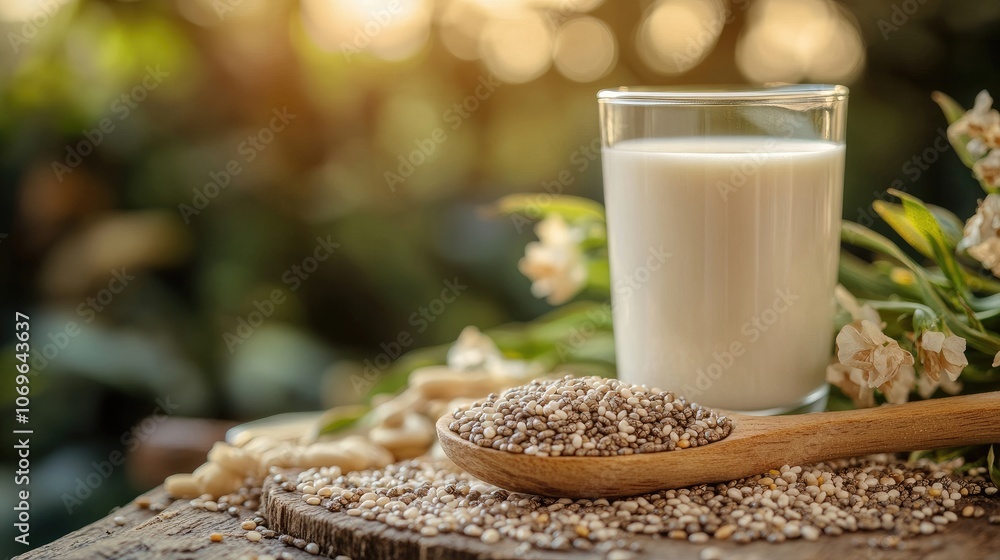Glass of Almond Milk and Chia Seeds on Rustic Table with Nature Background Glass of Almond Milk and Chia Seeds on Rustic Table with Nature Background