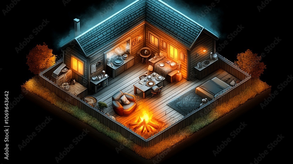 Fototapeta premium Cozy Cabin Isometric Illustration Home Fire Night Scene Wood Autumn