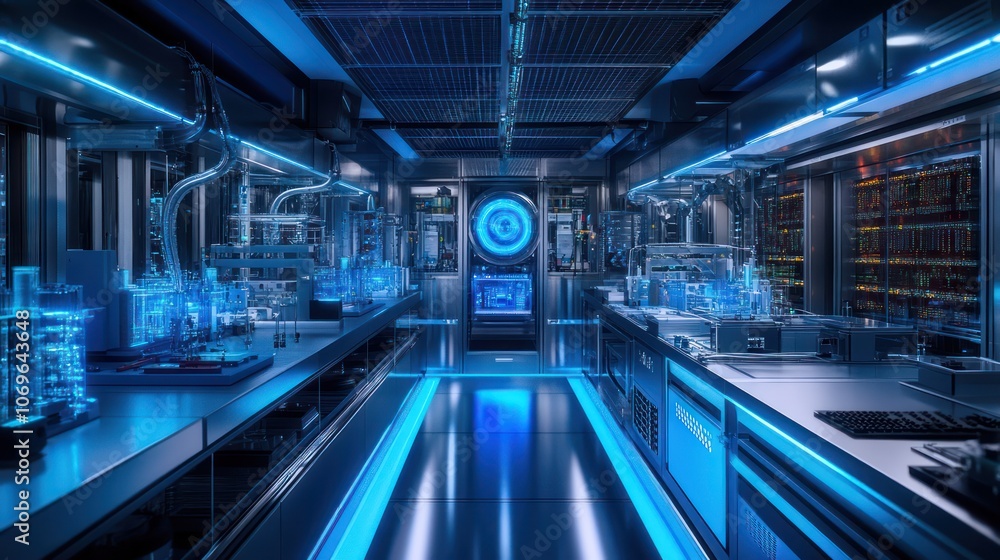 Naklejka premium A cutting-edge quantum electronics laboratory with sleek, metallic surfaces, glowing with energy as quantum particles flow through the system, futuristic design