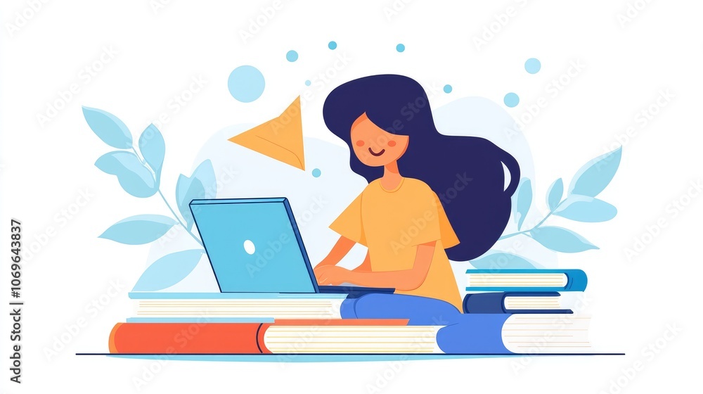 Illustration of Young Woman Studying with Laptop and Books in Modern Style Illustration of Young Woman Studying with Laptop and Books in Modern Style