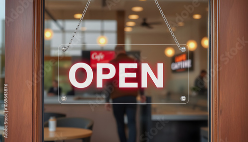 Open sign board through the door glass at a cafe highlighted by white, png photo