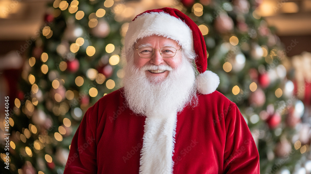 Joyful Santa Claus in a festive setting surrounded by Christmas trees during the holiday season Joyful Santa Claus in a festive setting surrounded by Christmas trees during the holiday season