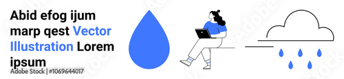 Woman working on laptop, large water drop, cloud with rain. Ideal for technology, environment, remote work, climate change, weather, sustainability, educational themes. Landing page