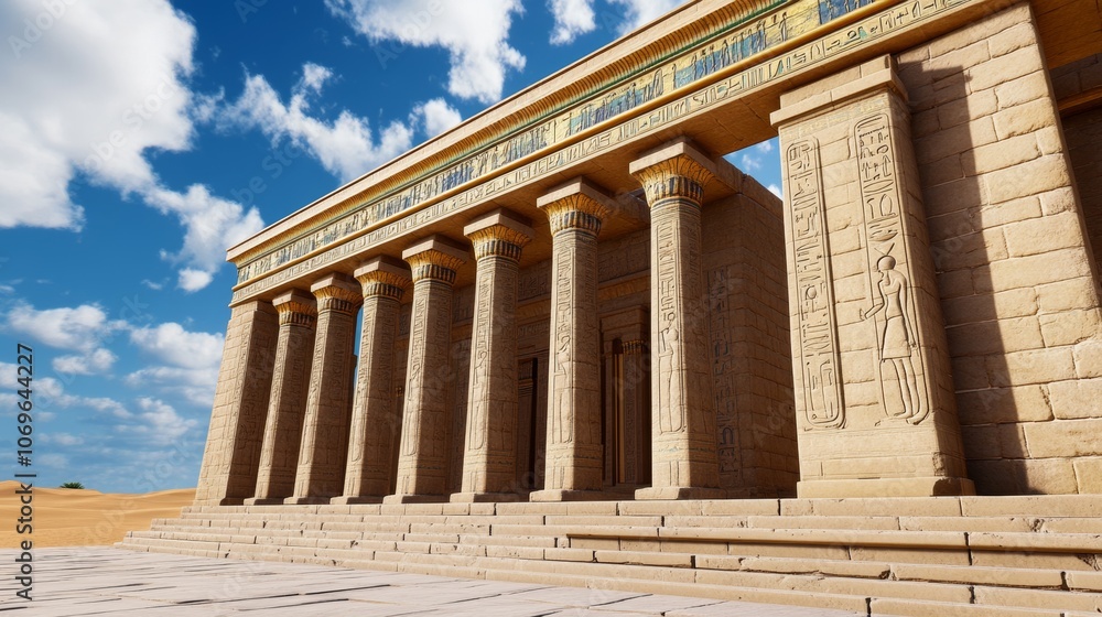 Obraz premium Ancient Egyptian Temple Desert Landscape Sandstone Columns Hieroglyphs Sunny Day