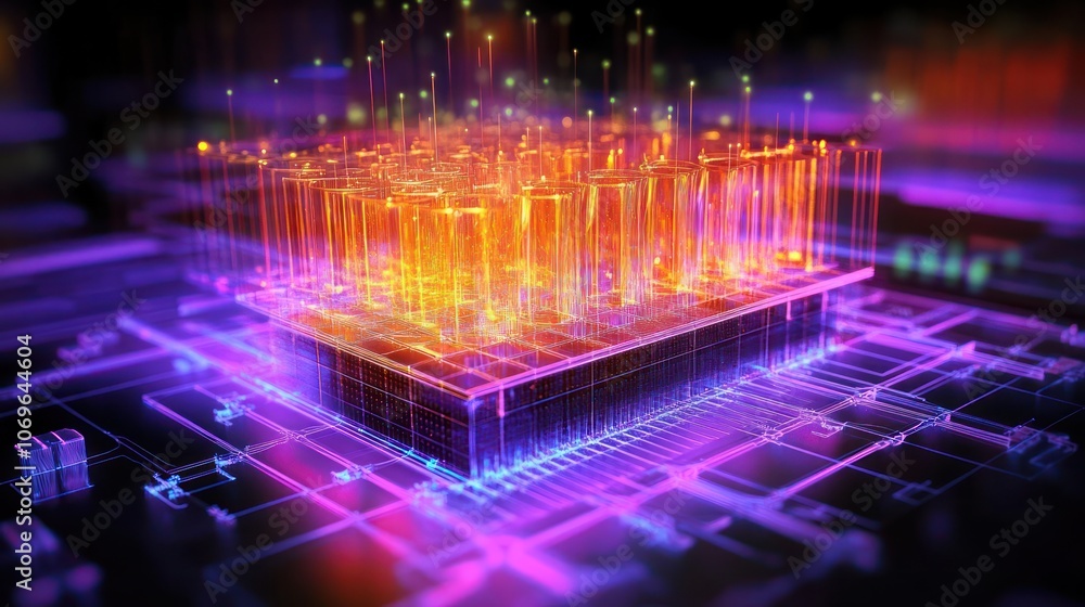 A quantum computer simulation with advanced holographic projections of data flowing through a 3D quantum circuit, reflecting the possibilities of quantum cryptography and advanced computing power A quantum computer simulation with advanced holographic projections of data flowing through a 3D quantum circuit, reflecting the possibilities of quantum cryptography and advanced computing power