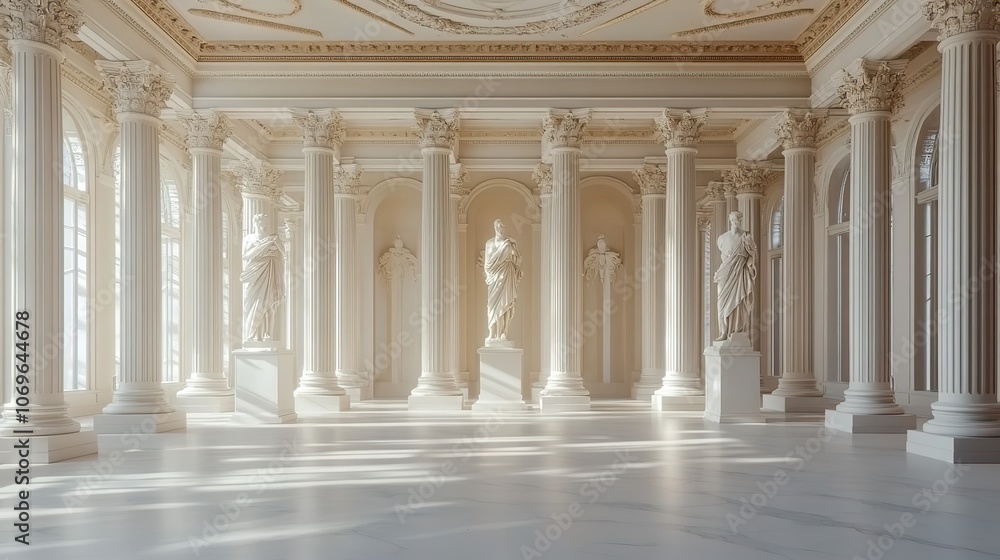 Obraz premium Product presentation background featuring antique columns and statues on a white surface.