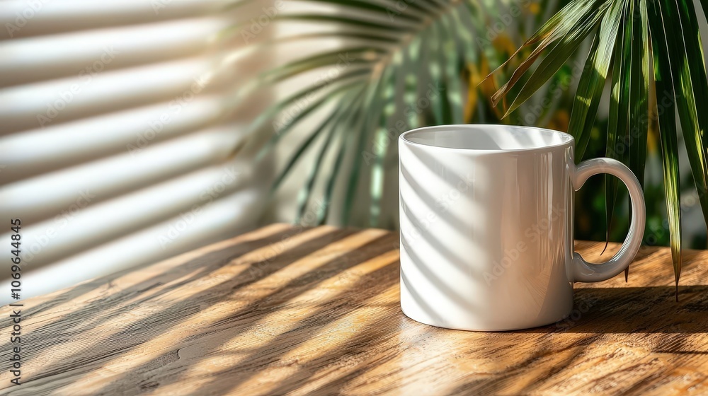 White Mug on Wooden Table with Sunbeams and Palm Leaf Shadows White Mug on Wooden Table with Sunbeams and Palm Leaf Shadows