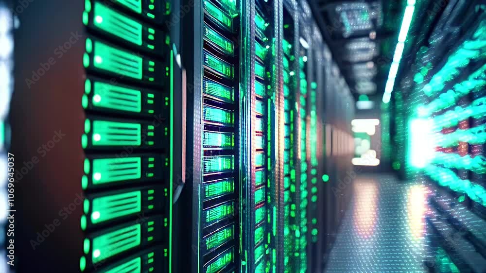 Row of black servers with green lights in a data center. Row of black servers with green lights in a data center.