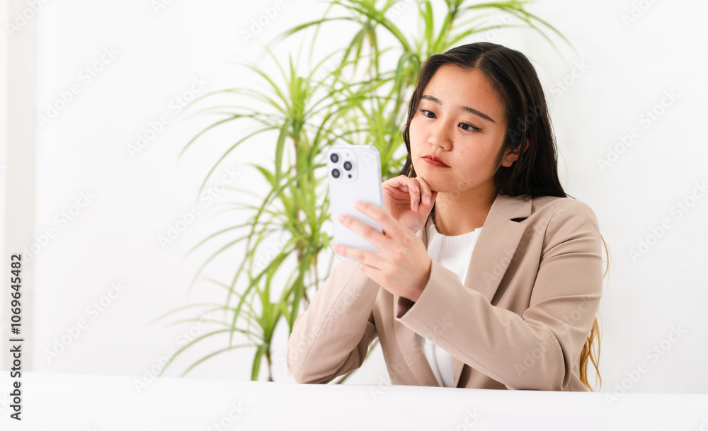 ビジネススーツを着てスマートフォンを操作している若い女性　ビジネスイメージ	
