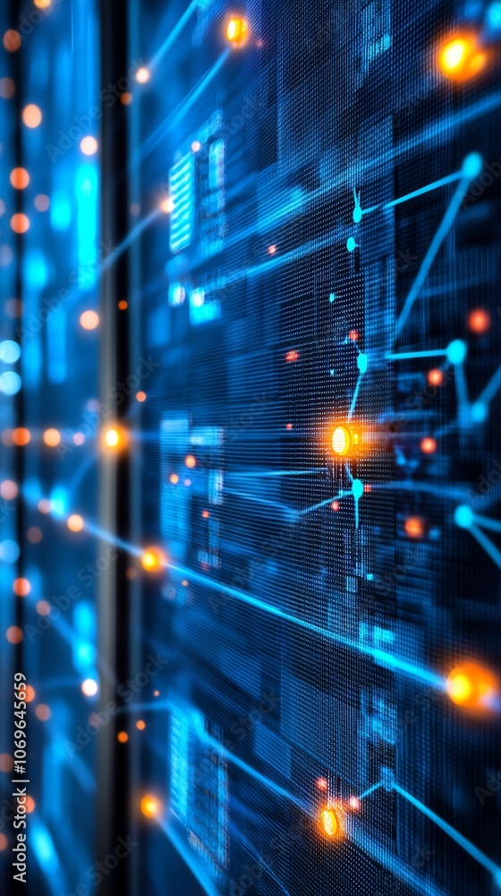Obraz premium Abstract image of a server rack with glowing blue and orange lights, representing data flow and connectivity.
